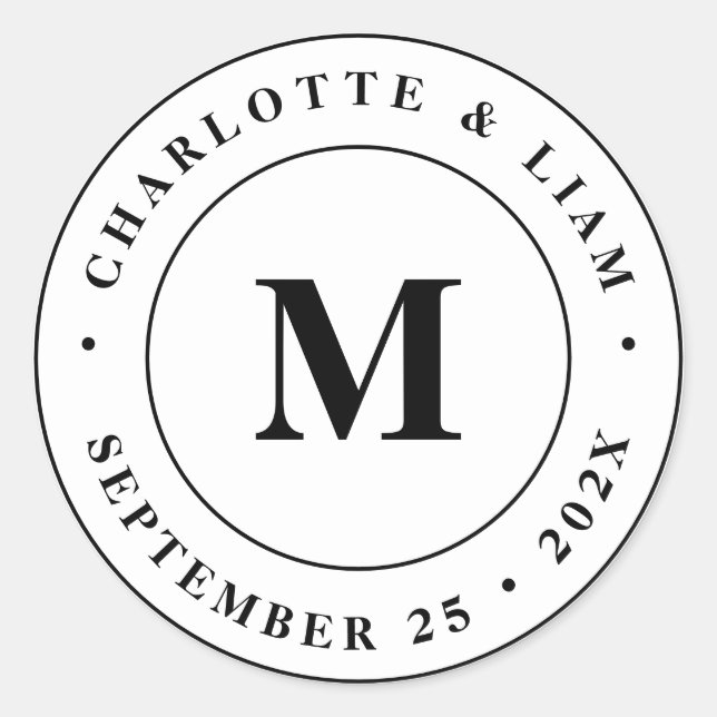 Modern anpassad namndatummonogram Bröllop Runt Klistermärke (Framsida)