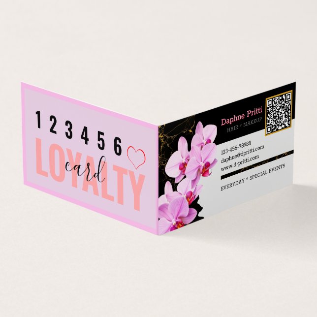 Modern, anpassad QR-kod, orkidé, marmor Visitkort (Utsida)