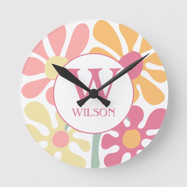 Modern Anpassningsbar Familj Vatten Färg Flower Ro Rund Klocka (Framsida)