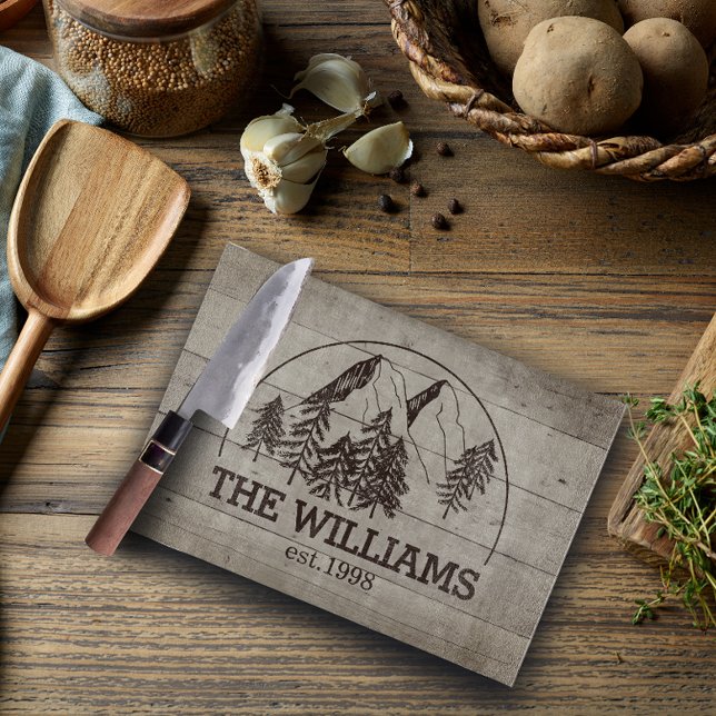 Modern Anpassningsbar Family Namn Est-date Farmhou (Modern Custom Family Name with est date glass cutting board)