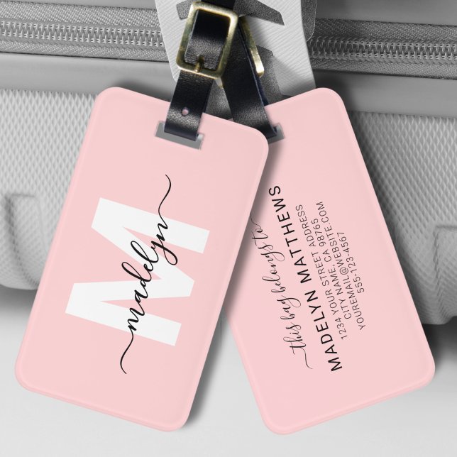 Modern Anpassningsbar Girly  Rosa Monogram Namn Bagagebricka (Custom Modern Girly Blush Pink Name Monogram Luggage Tag )
