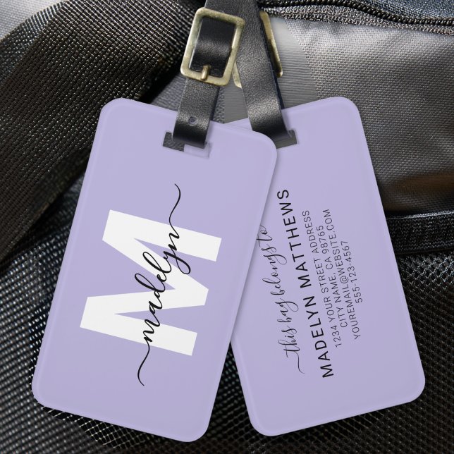 Modern Anpassningsbar Lila Monogram Namn Bagagebricka (Modern Custom Purple Monogram Name Luggage Tag)