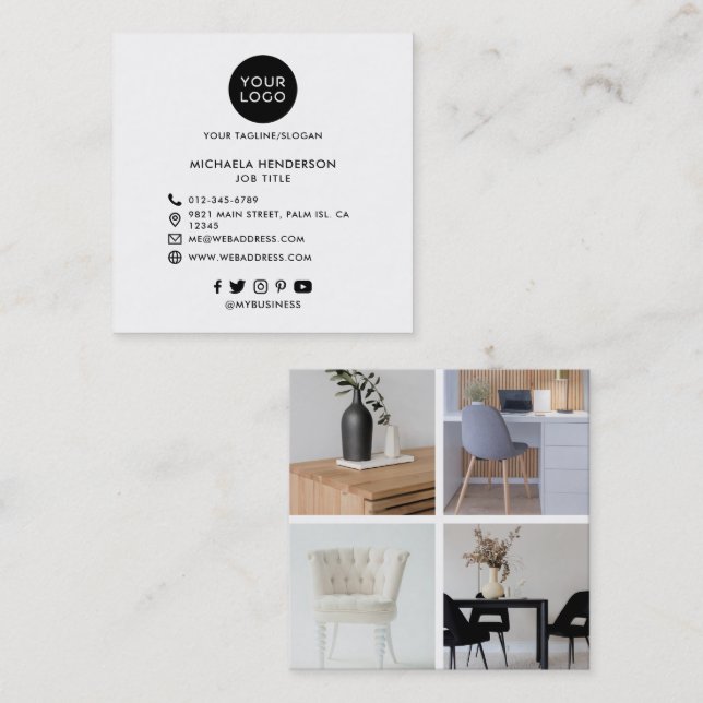 Modern Anpassningsbar-Logotyp, 4 foton och Social- Fyrkantigt Visitkort (Fram/baksida)