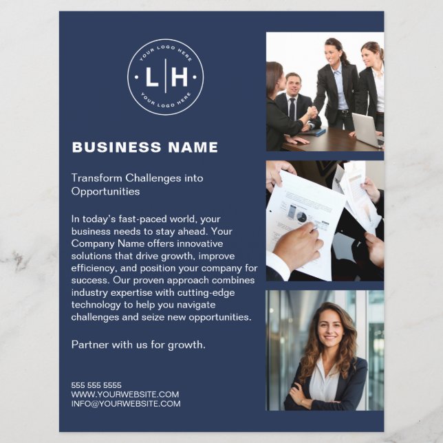 Modern Anpassningsbar Logotyp Foto QR Navy Blue Bu Reklamblad (Framsidan)