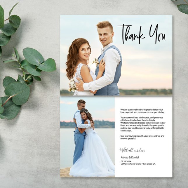 Modern Anpassningsbar-meddelande 2 bröllop-foton Tack Kort (Wedding Photo on front and back Modern Thank you card with customizable message, names and date.)