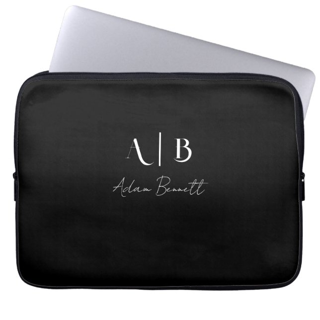 Modern Anpassningsbar Monogram Initialer Namn Blac Laptop Fodral (Framsidan)