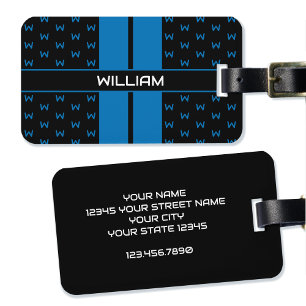 Modern Anpassningsbar Monogram Namn Blue Stripe Bagagebricka