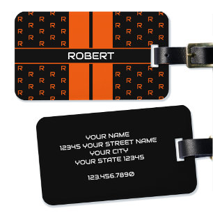 Modern Anpassningsbar Monogram Namn Orange stripe Bagagebricka