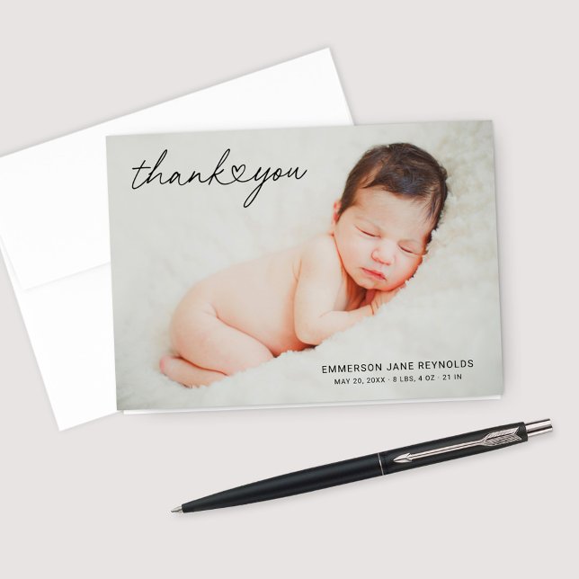 Modern Anpassningsbar Newborn Baby Photo Heart-skr Tack Kort (Skapare uppladdad)