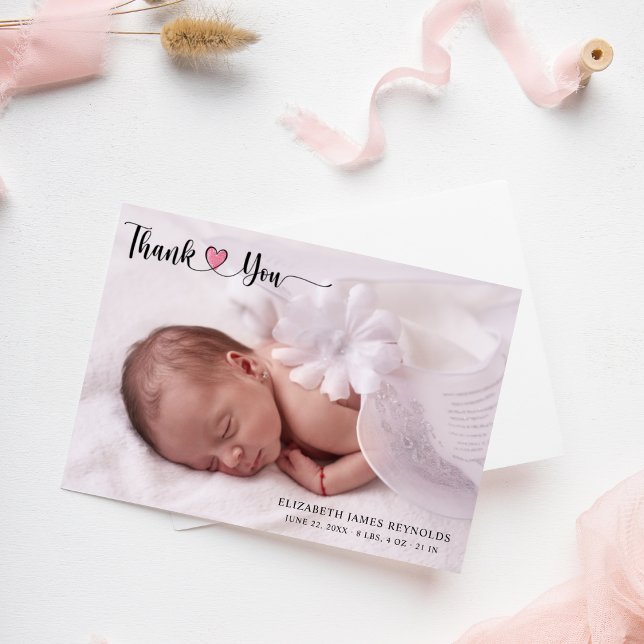 Modern Anpassningsbar Newborn Baby Photo Rosa Hear Tack Kort (Skapare uppladdad)