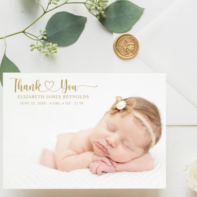 Modern Anpassningsbar Nyfödd Baby Photo Guld Heart Tack Kort (Skapare uppladdad)