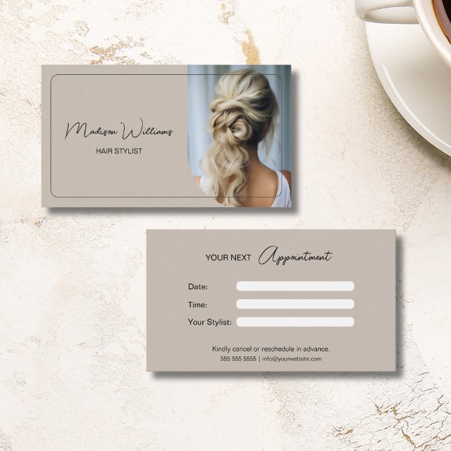 Modern Anpassningsbar Photo Hair Stylist Beige Tidsbeställning Kort (Modern Custom Photo Hair Stylist Beige Appointment Card)