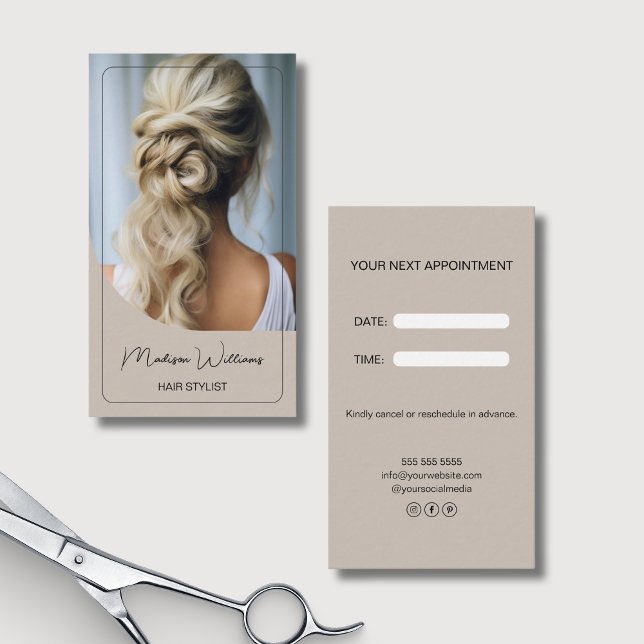 Modern Anpassningsbar Photo Hair Stylist Tidsbeställning Kort (Modern Custom Photo Hair Stylist Appointment Card)