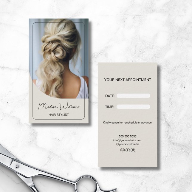Modern Anpassningsbar Photo Hair Stylist Tidsbeställning Kort (Modern Custom Photo Hair Stylist Appointment Card)