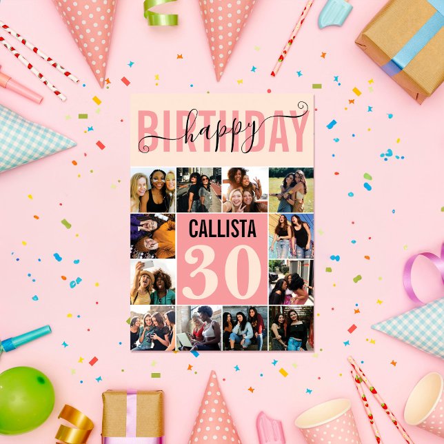 Modern Anpassningsbar  Rosa 12 Fotofödelsedag Kort (Skapare uppladdad)