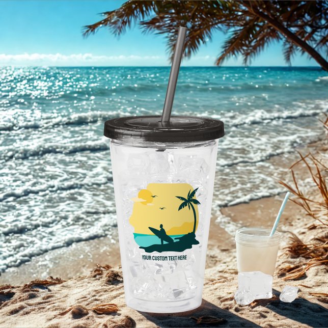 Modern Anpassningsbar Text Sommar Tropical Surfer  Take Away Mugg (Modern custom text surfer acrylic tumbler )