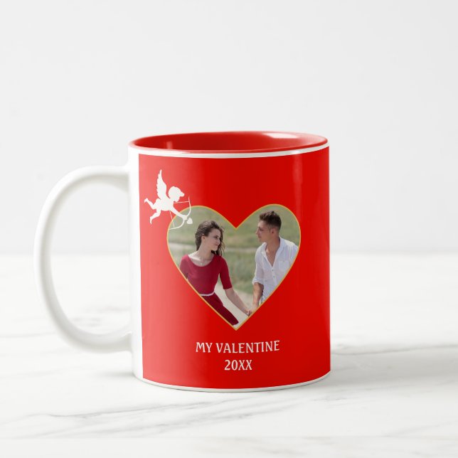 Modern Anpassningsbar Valentine par Photo & Cupid Två-Tonad Mugg (Vänster)