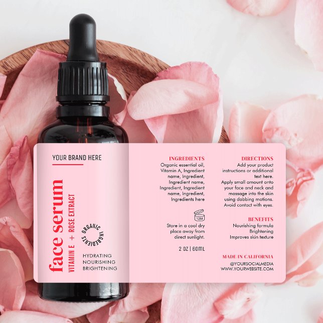 Modern Ansikte-serumolja från Rosa, feminin, Flask Fraktsedel (Feminine blush pink and red cosmetic dropper bottle wrap around label design)
