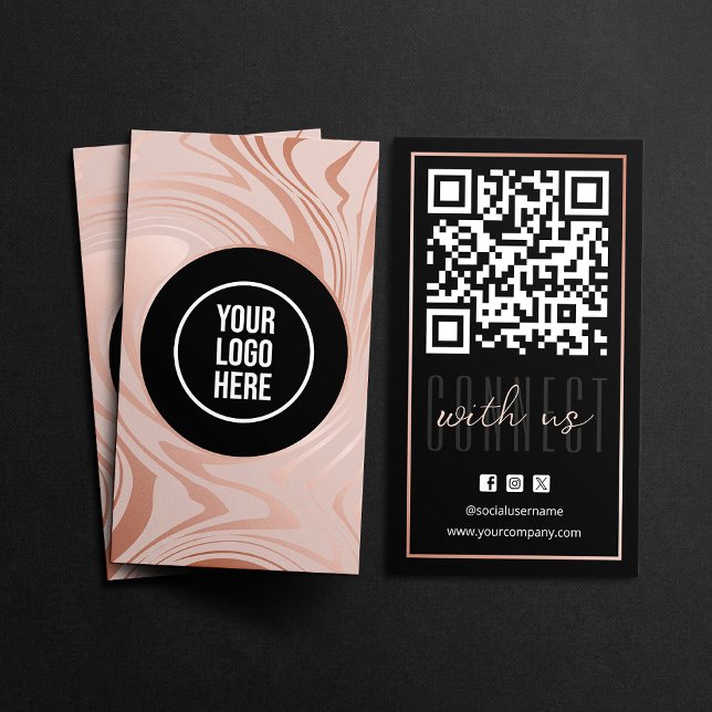 Modern Anslut Med Oss QR-kod Rose Guld Svart Visitkort (Skapare uppladdad)