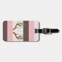 Modern Antlers Rosa Grönt Brown Stripe Monogram Bagagebricka