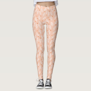 Modern Apricot Rosa Blommigt Löv Mönster Leggings