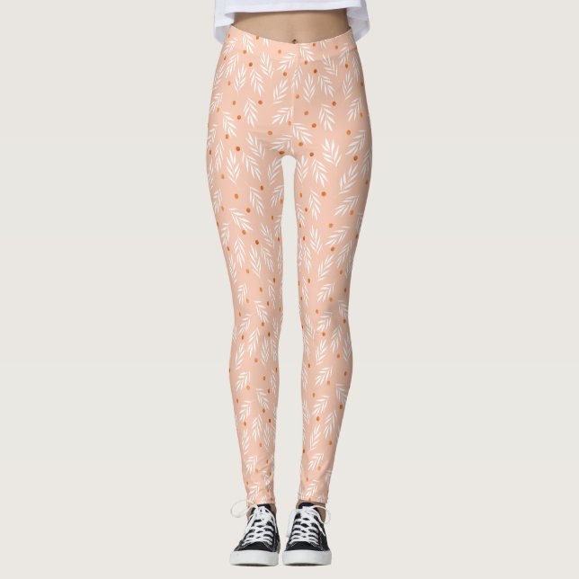 Modern Apricot Rosa Blommigt Löv Mönster Leggings (Framsida)