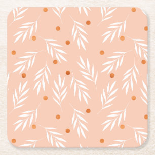 Modern Apricot Rosa Blommigt Löv Mönster Underlägg Papper Kvadrat