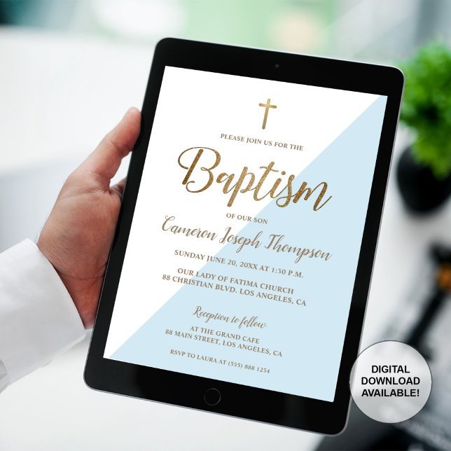 Modern aptism i den blå vita Guld Inbjudningar (Baby baptism gold cross blue modern invitation digital invitation/)