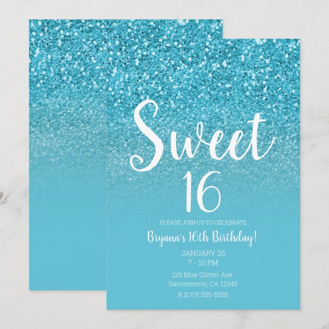 Modern Aqua Blå Glam Glitter Sweet 16 Inbjudningar (Fram/baksida)