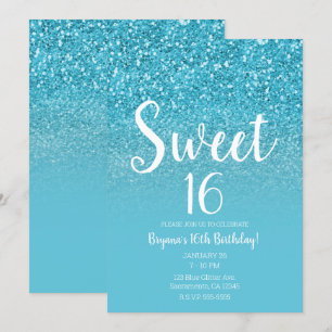 Modern Aqua Blå Glam Glitter Sweet 16 Inbjudningar