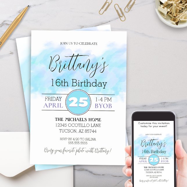 Modern Aqua Blue - 16:e födelsedagsinbjudan Inbjudningar (Modern aqua blue and purple artistic 16th or any birthday party invitation with trendy script)