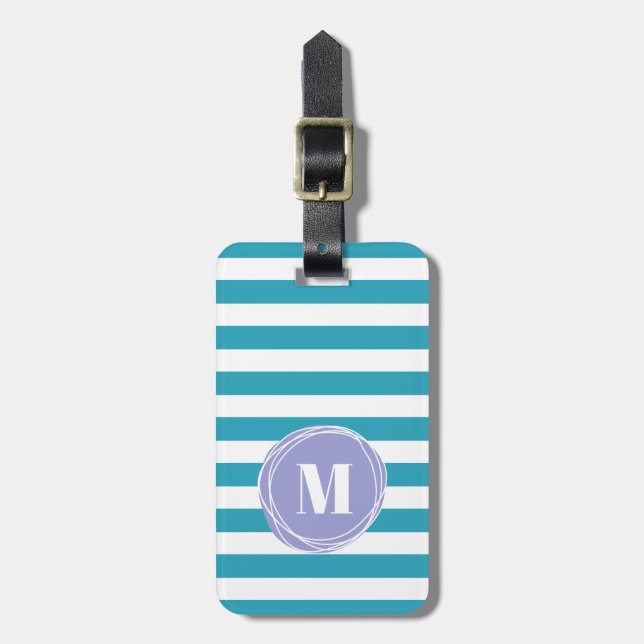Modern Aqua Blue Rand Monogram Bagagebricka (Vertikal Framsida)