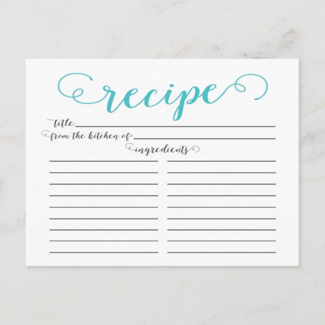 Modern Aqua Blue Script Möhippa Recipe-kort Vykort (Framsida)