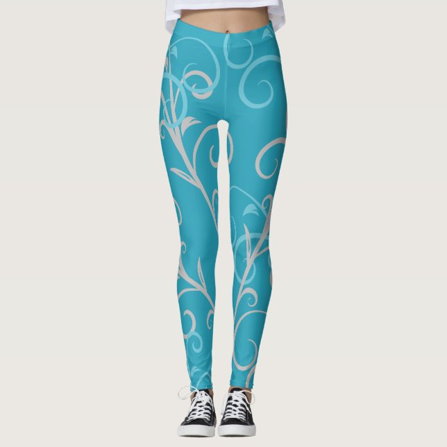 Modern Aqua Blue Swirl Pattern  Leggings (Framsida)