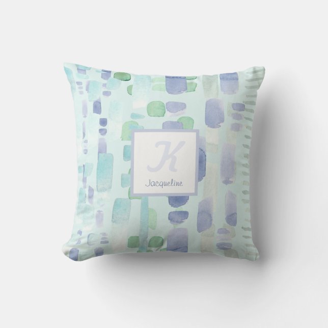 Modern Aqua Blue Watercolor Penseldrag Monogram Kudde (Framsida)