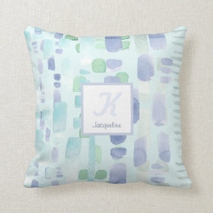 Modern Aqua Blue Watercolor Penseldrag Monogram Kudde