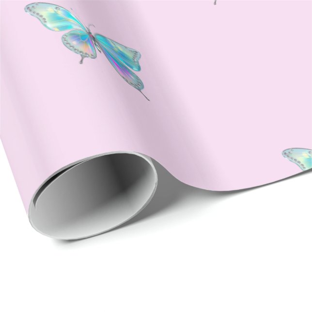 Modern Aqua Butterfly Wrapping Papper Rosa Presentpapper (Rullad Hörn)