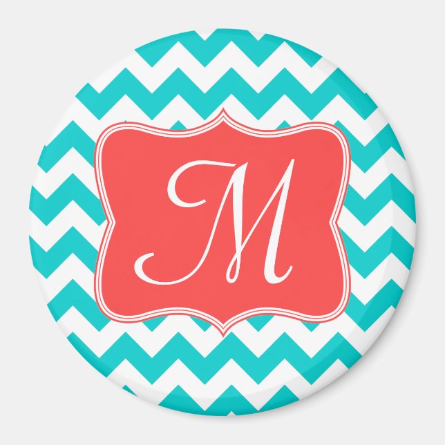 Modern Aqua Coral Chevron Monogram Initial Magnet (Framsidan)