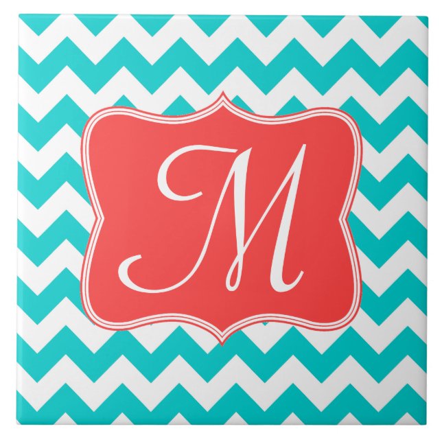 Modern Aqua Coral Chevron Monogram Visning Tile Kakelplatta (Framsidan)