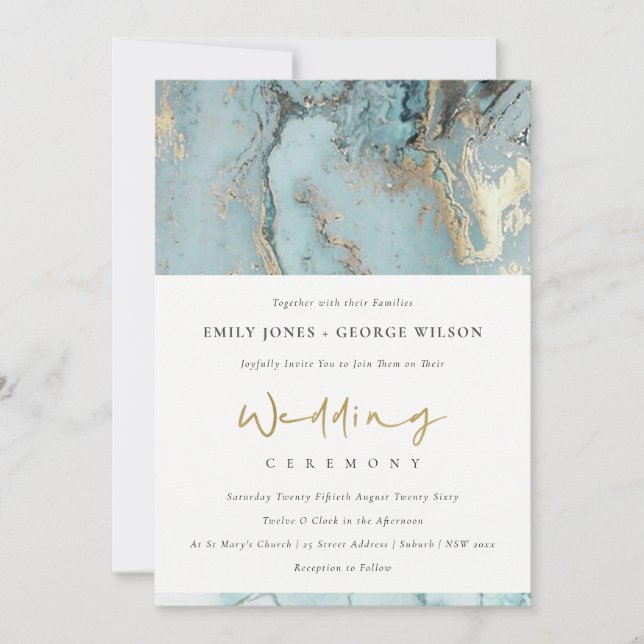MODERN AQUA DUSKY BLUE GULD AGATE WEDDING INVITE TACK KORT (Framsida)