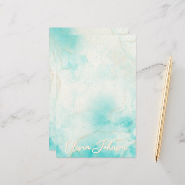 Modern Aqua Guld Alcohol Bläck Art Vattenskor Ocea Brevpapper (Fram/Back In Situ)