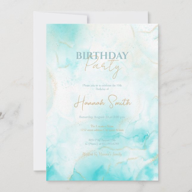 Modern Aqua Guld Alcohol Bläck Art Vattenskor Ocea Inbjudningar (Framsida)