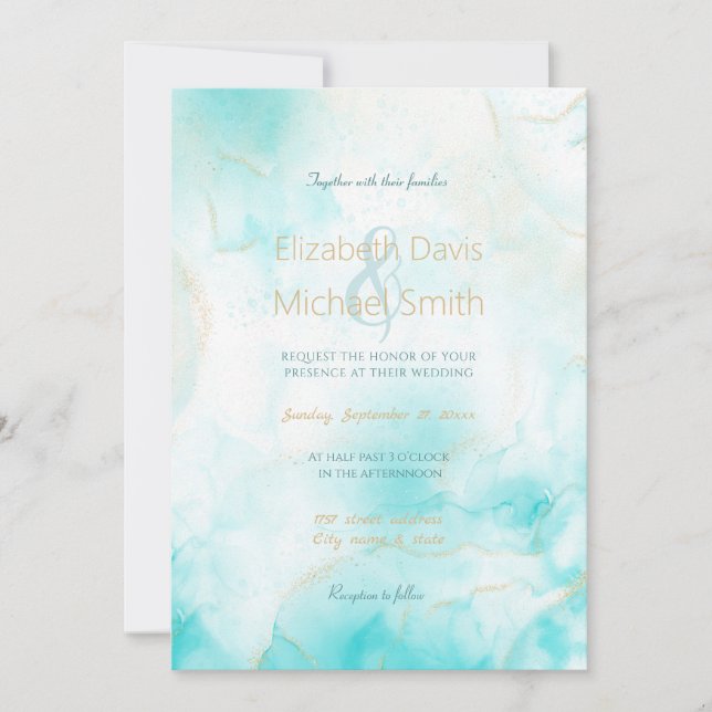 Modern Aqua Guld Alcohol Bläck Art Vattenskor Ocea Inbjudningar (Framsida)