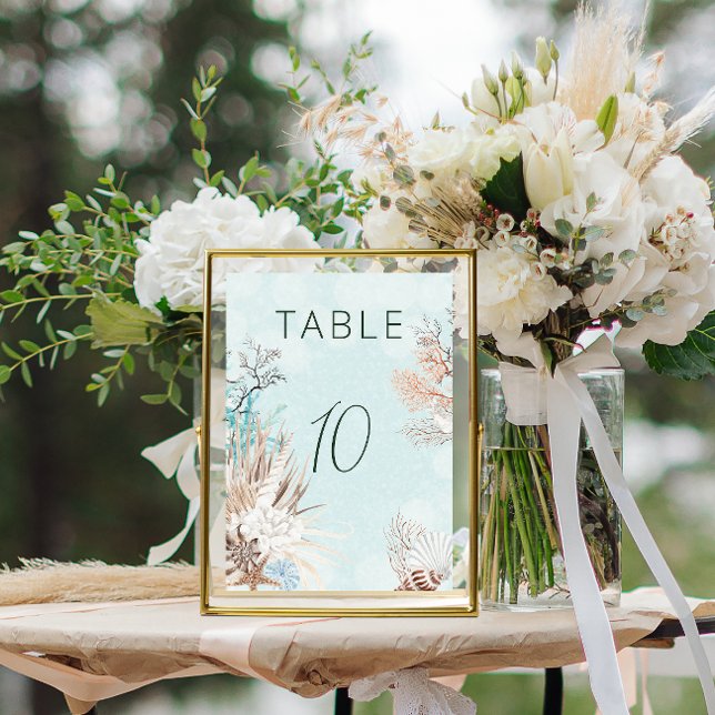 Modern Aqua Ocean och Snäckorna Bröllop Bordsnummer (Modern Aqua Ocean & Seashells Table Number Card)
