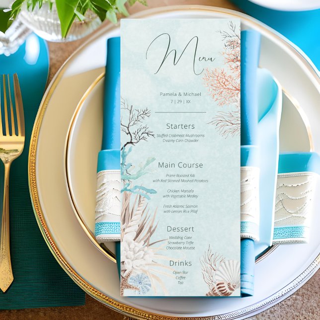 Modern Aqua Ocean och Snäckorna Bröllop Meny (Modern Aqua Ocean & Shells Wedding Menu)