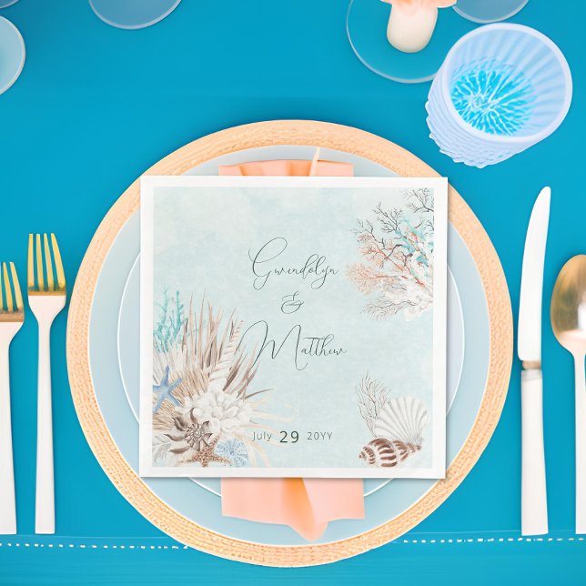 Modern Aqua Ocean och Snäckorna Bröllop Pappersservett (Modern Aqua Ocean & Shells Wedding Dinner Napkin)
