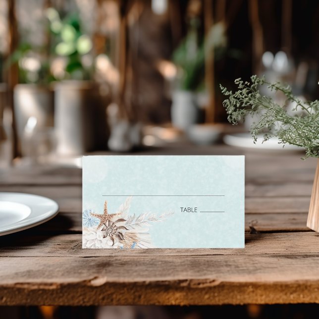Modern Aqua Ocean och Snäckorna Bröllop Placeringskort (Modern Aqua Ocean & Seashells Wedding Flat Place Card)