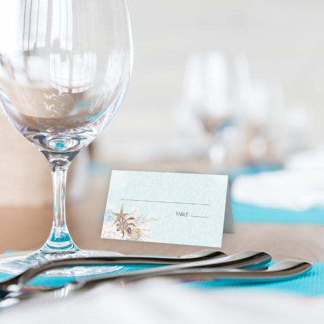 Modern Aqua Ocean och Snäckorna Bröllop Placeringskort (Modern Aqua Ocean & Seashells Folded Place Card)