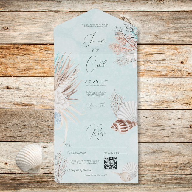 Modern Aqua Ocean Snäckas QR-kod Bröllop (Modern Aqua Ocean Shells QR Code Wedding All In One Invitation)
