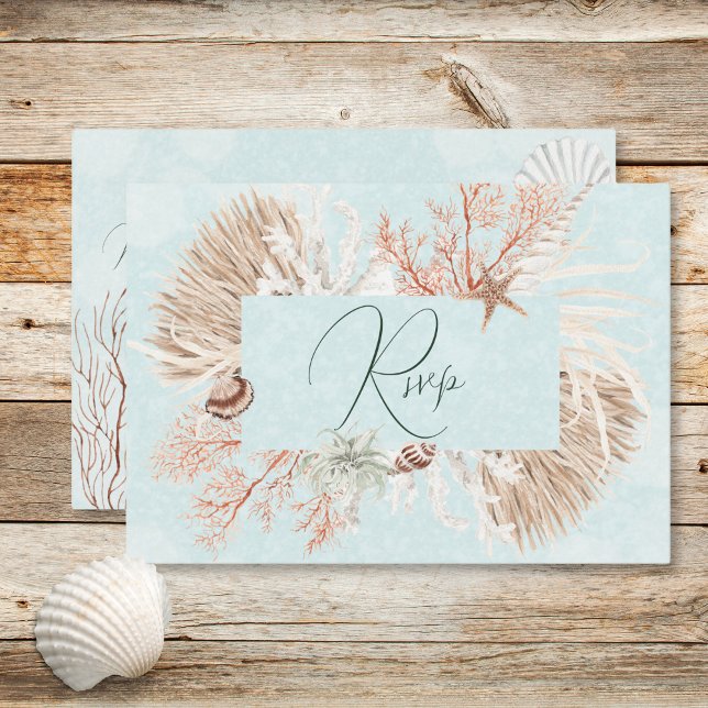 Modern Aqua Ocean Snäckas QR-kod Bröllop OSA Kort (Modern Aqua Ocean Shells QR Code Wedding RSVP Card)
